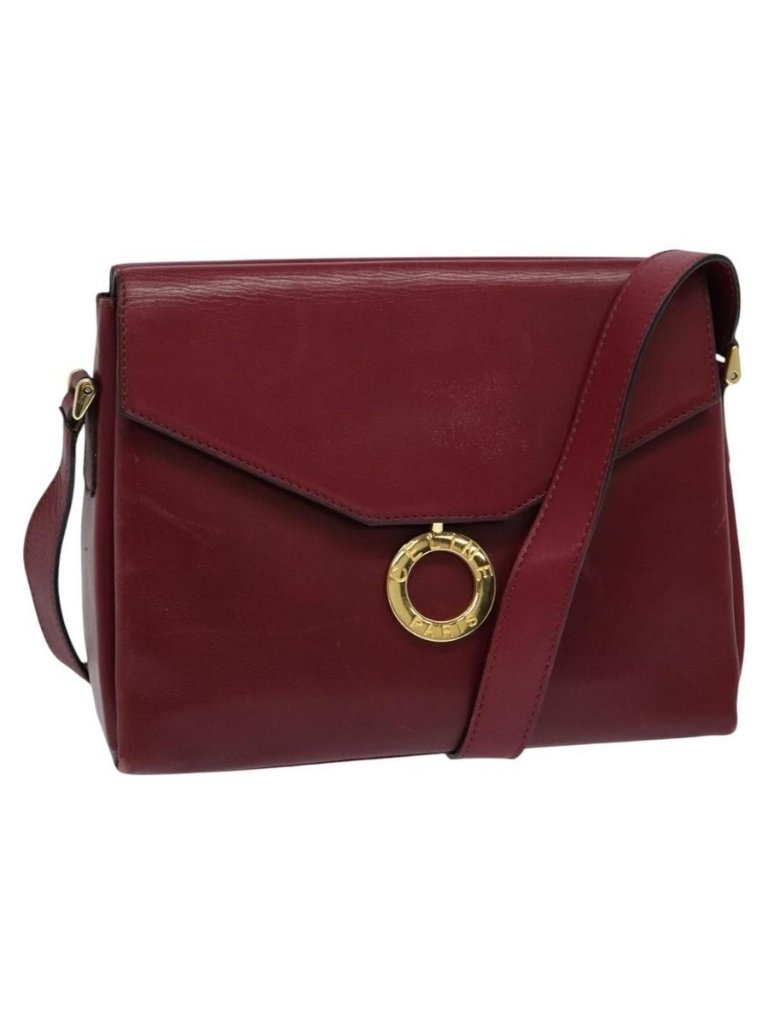 Authentic Celine Shoulder Bag Leather Wine Red Gold
